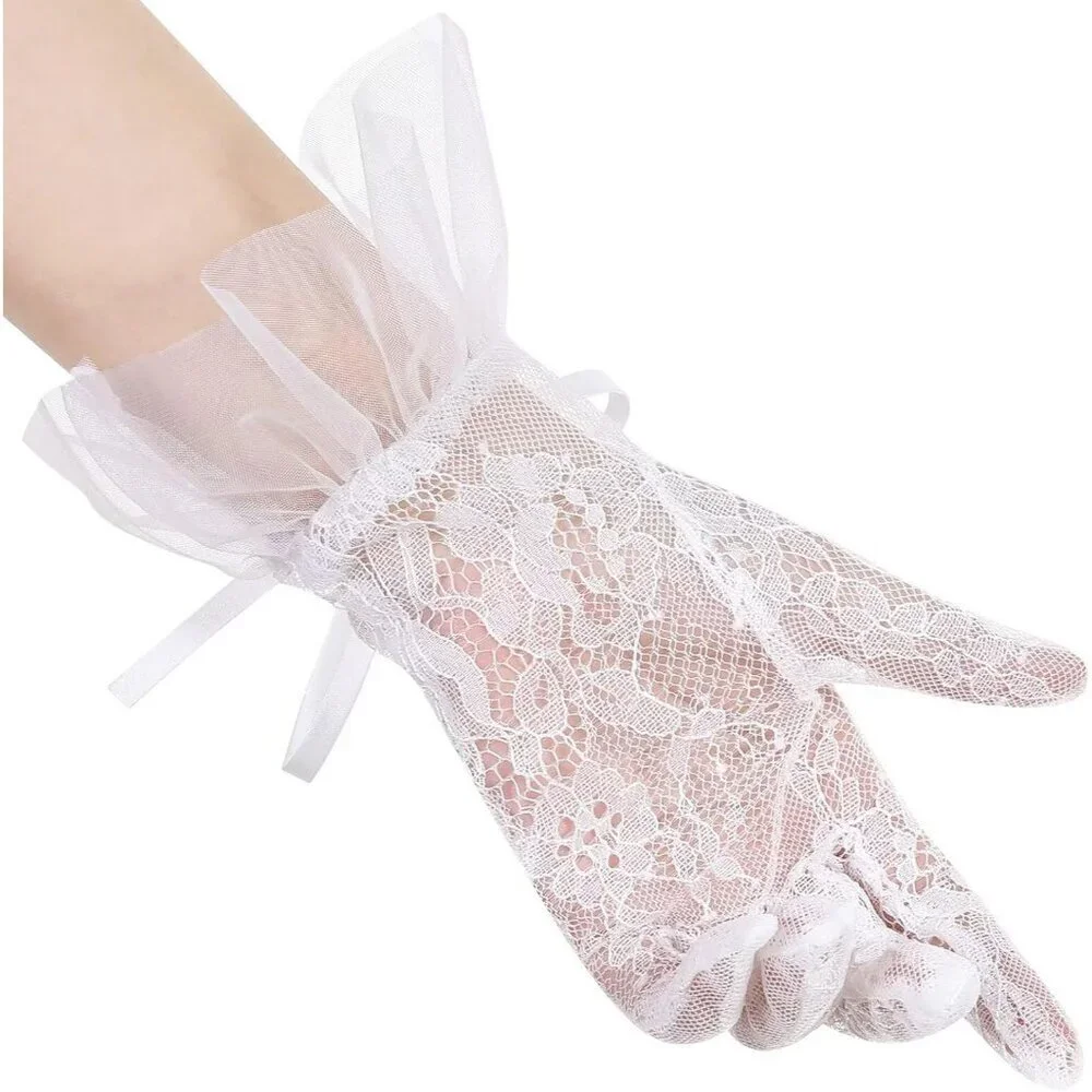Women's Lvory 08 Floral Short Length Lace Tulle Mesh Wrist Wedding Party Gloves